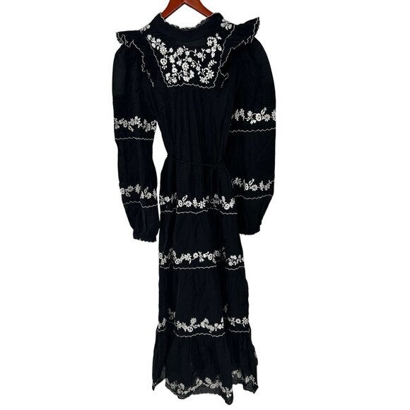 Farm Rio Flower Embroidery Long Sleeve Maxi Dress in Black Size Medium - Picture 1 of 5